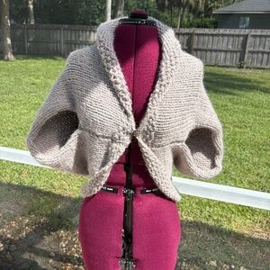 Hand Knit Knitted Shrug Shawl Wrap with Button Tan M